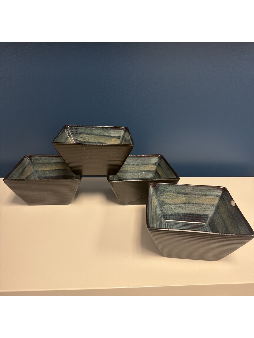 Set Of 4 Oneida Stoneware Adriatic Blue Square 6" Soup / Cereal Bowls *